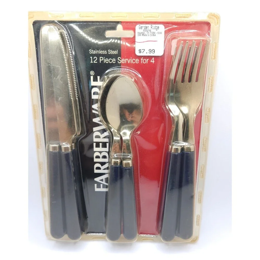 NIP Farberware 12 Pc Flatware Set Navy Blue Handles Stainless Service for 4 VTG